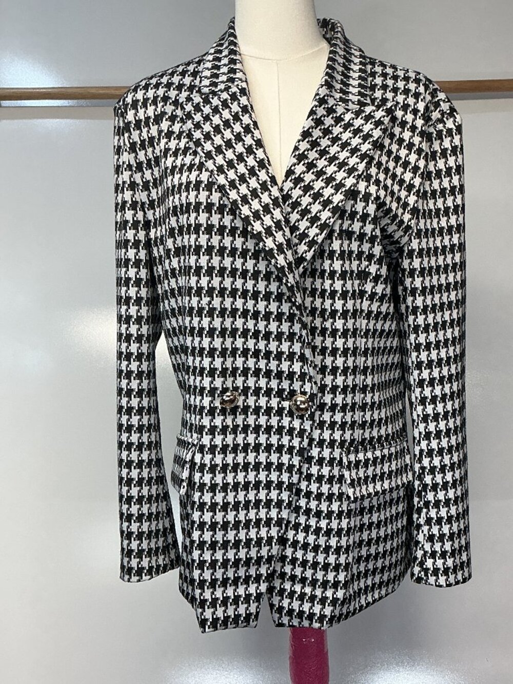Attitude Unknown L Black White Houndstooth Double Breasted Blazer Gold Buttons - Picture 15 of 16
